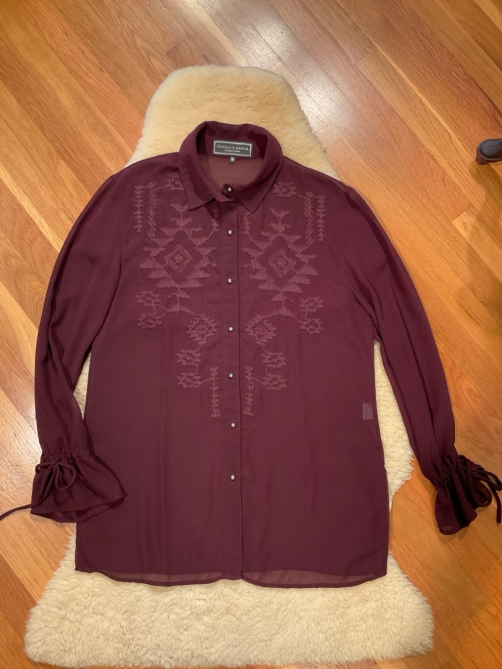 Double D Ranch sheer burgundy embroidered button down blouse